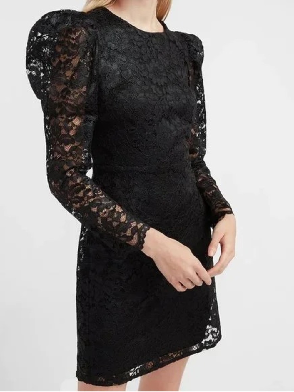 Express Black Lace Puff-Sleeve Long-Sleeve Mini Dress